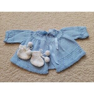 Vintage Little Girls Blue Handmade Sweater With Booties 6-12Mo?